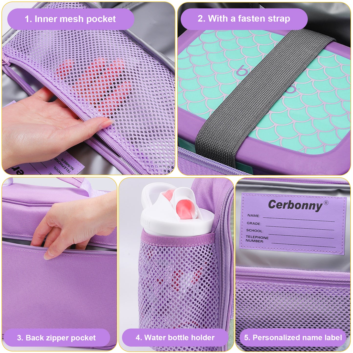 1.innermeshpocket2.withafastenstrap3.backzipperpocket4.waterbottleholder5.personalizednamelabel