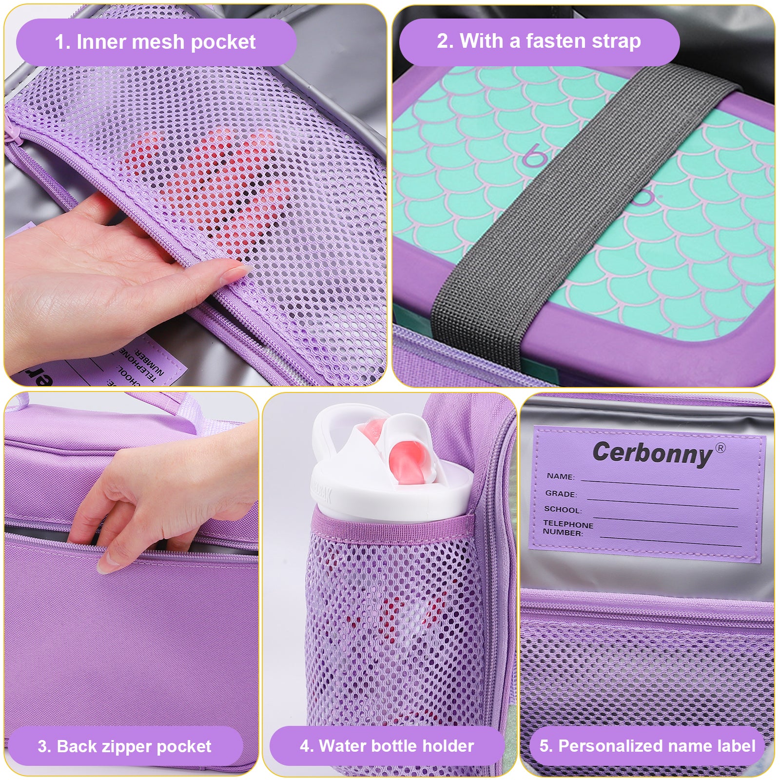 1.innermeshpocket2.withafastenstrap3.backzipperpocket4.waterbottleholder5.personalizednamelabel