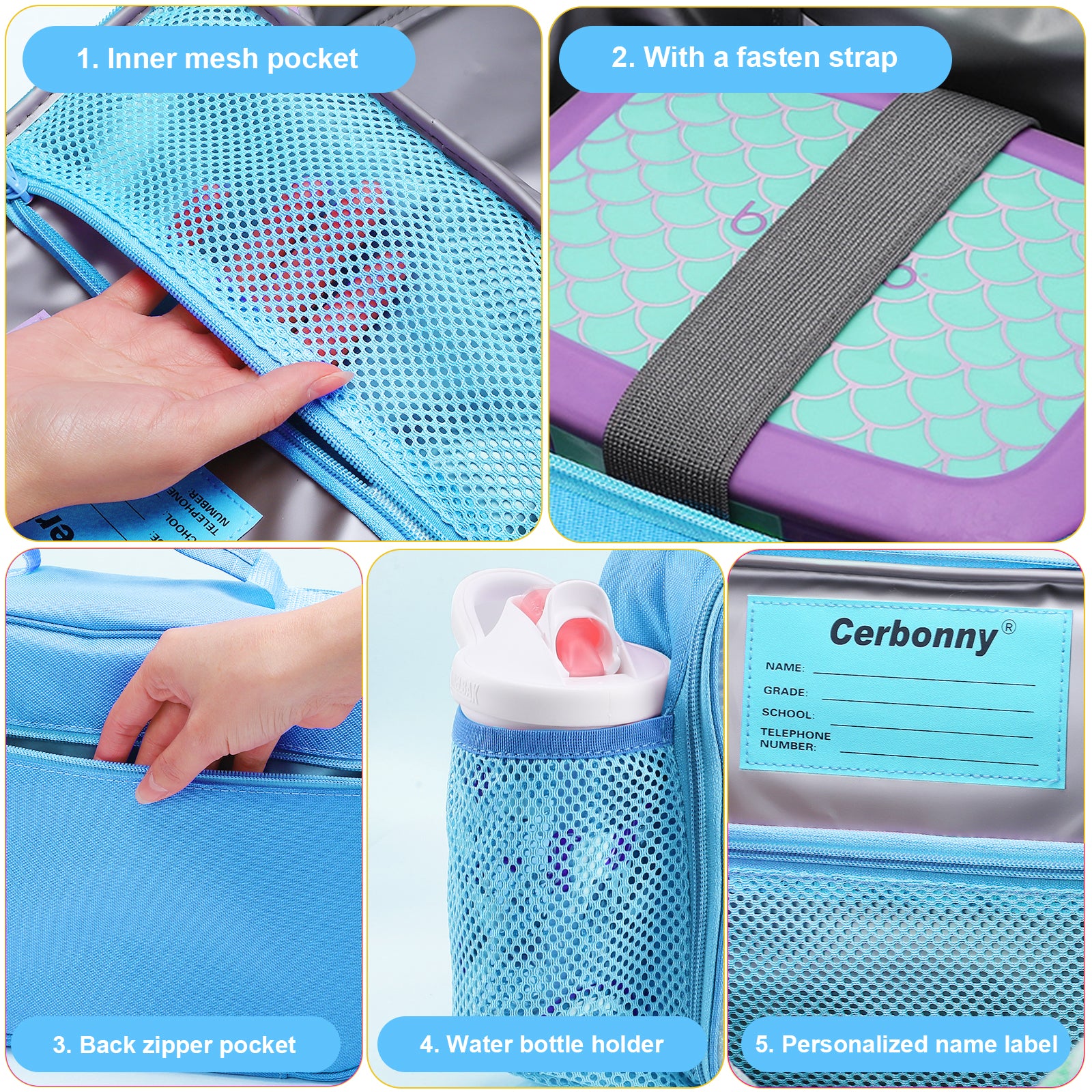 1.innermeshpocket2.withafastenstrap3.backzipperpocket4.waterbottleholder5.personalizednamelabel